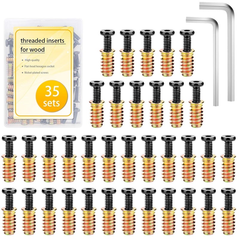 Ofiswadi 35 Sets 1/4-20 Threaded Inserts for Wood - 19/32" Length Heavy Duty Inserts with Hex Key (Includes 35pcs 1/4-20 x 3/4" Mounting Screws and 2pcs Hex Key) - Image 1